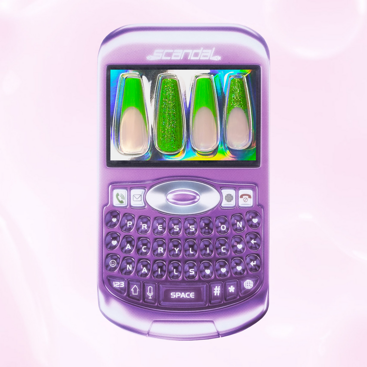 Lime green french tips with full glitter accent nails. Press-on nails displayed inside 2000's Y2K era inspired pink cellphone box packaging. In front of a pink background.