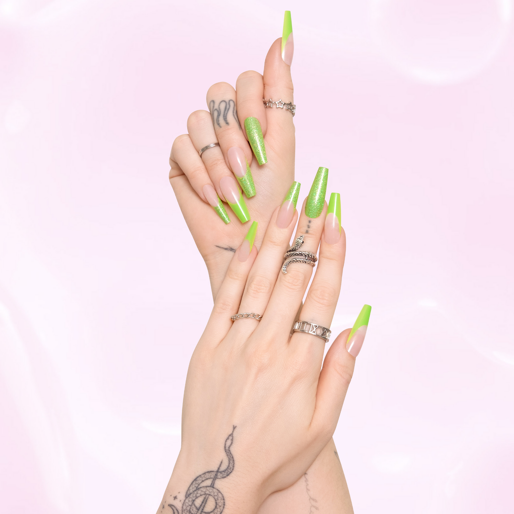 Lime green French tips press-ons with full glitter accent nails.
